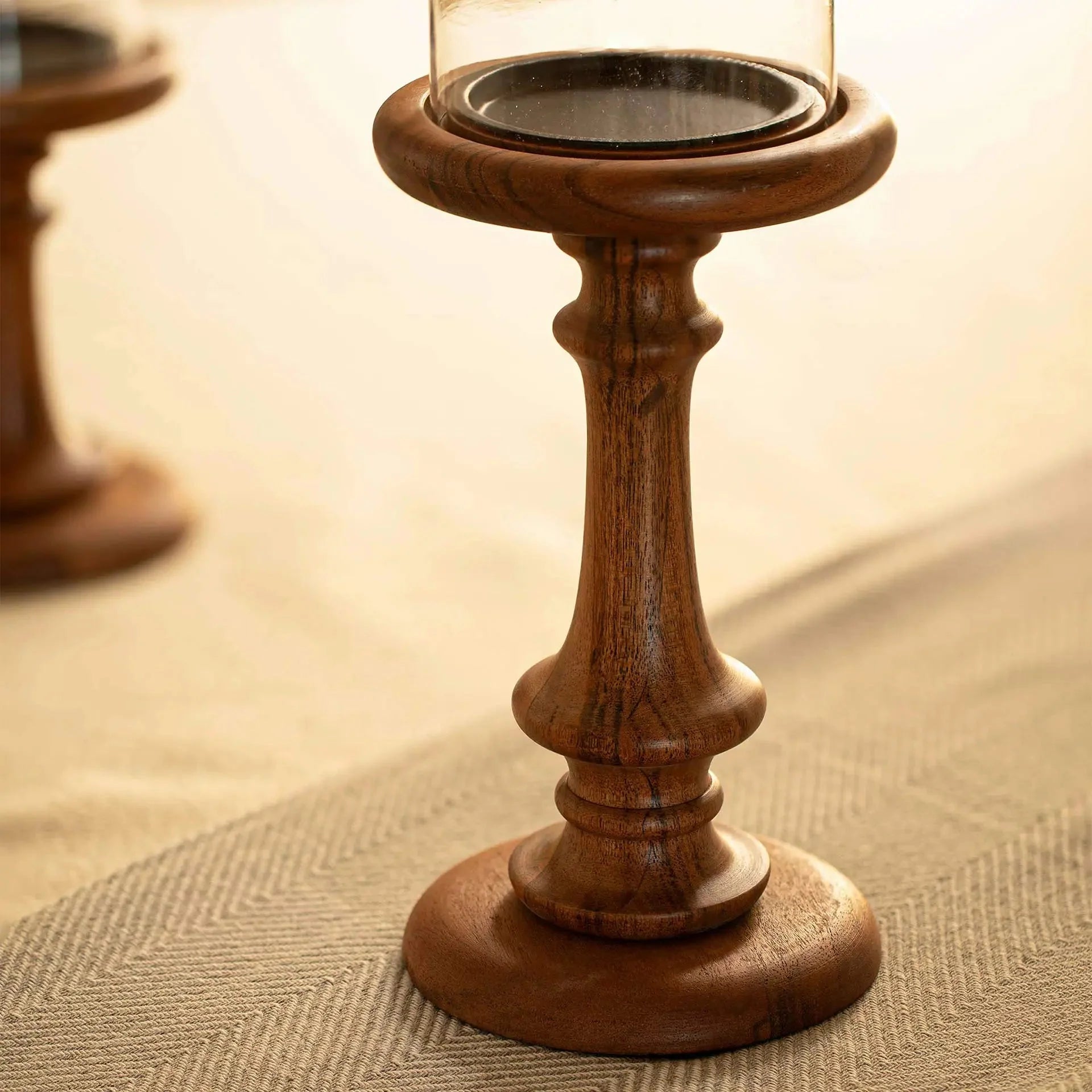 Glass &amp; Wood Pedestal Hurricane Large