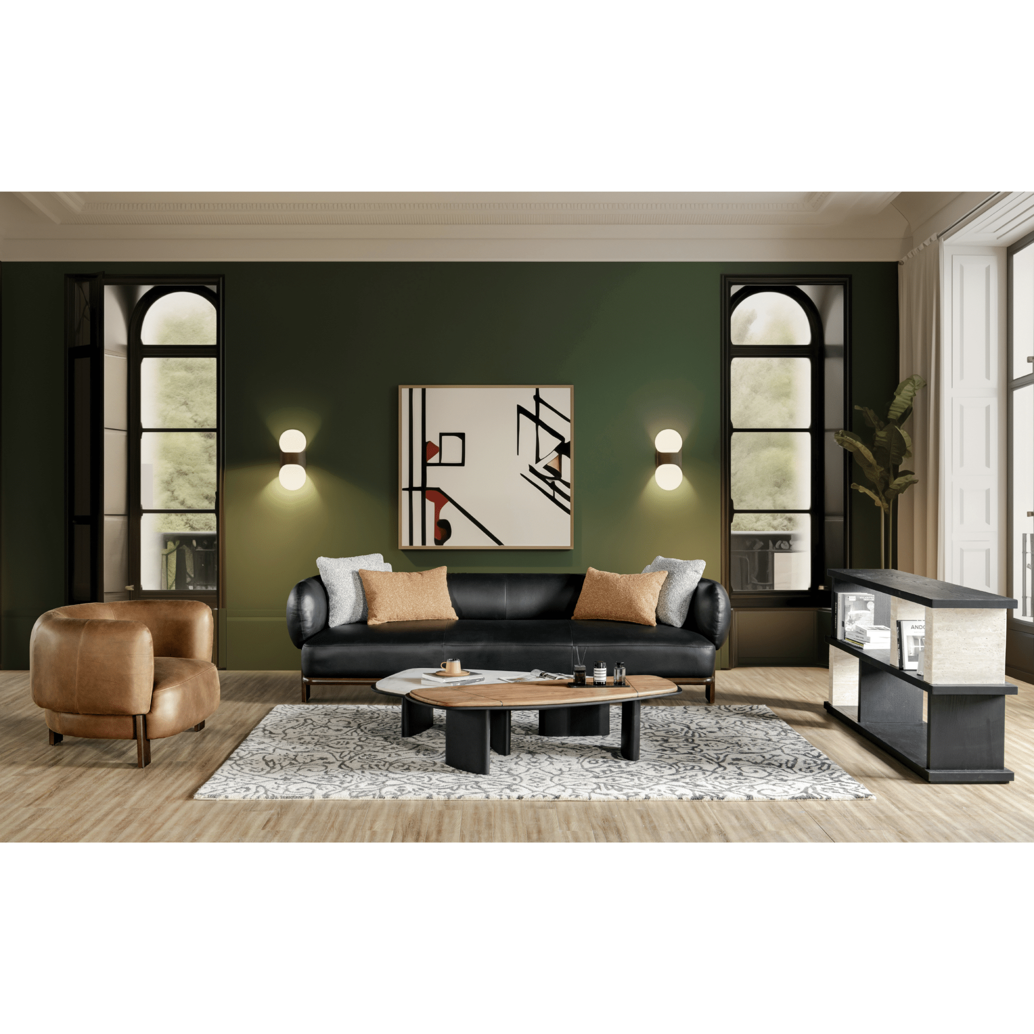 Leaner Black Leather 4 Seater Sofa W258