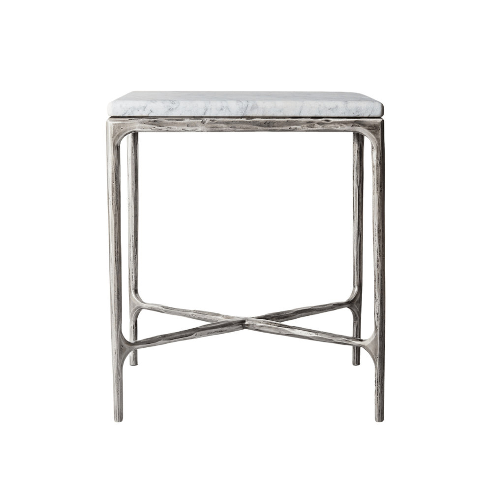Round Silver Side Table with Marble Top