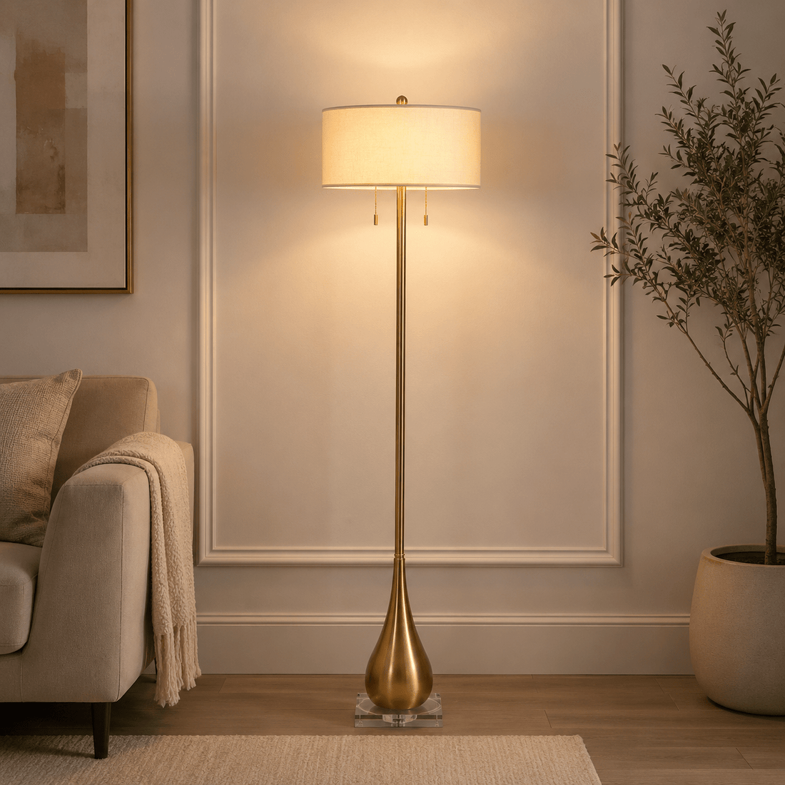 Metal and linen Glass Floor lamp-Gold