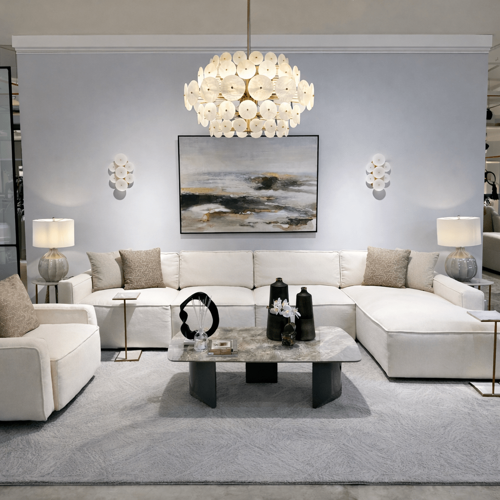 Moscow White Sectional + Swivel Chair