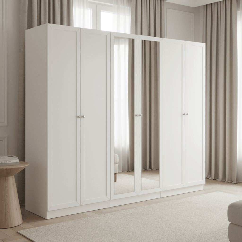 Provence White Wood Wardobe with 4 Panel Doors &amp; 2 Mirror Doors