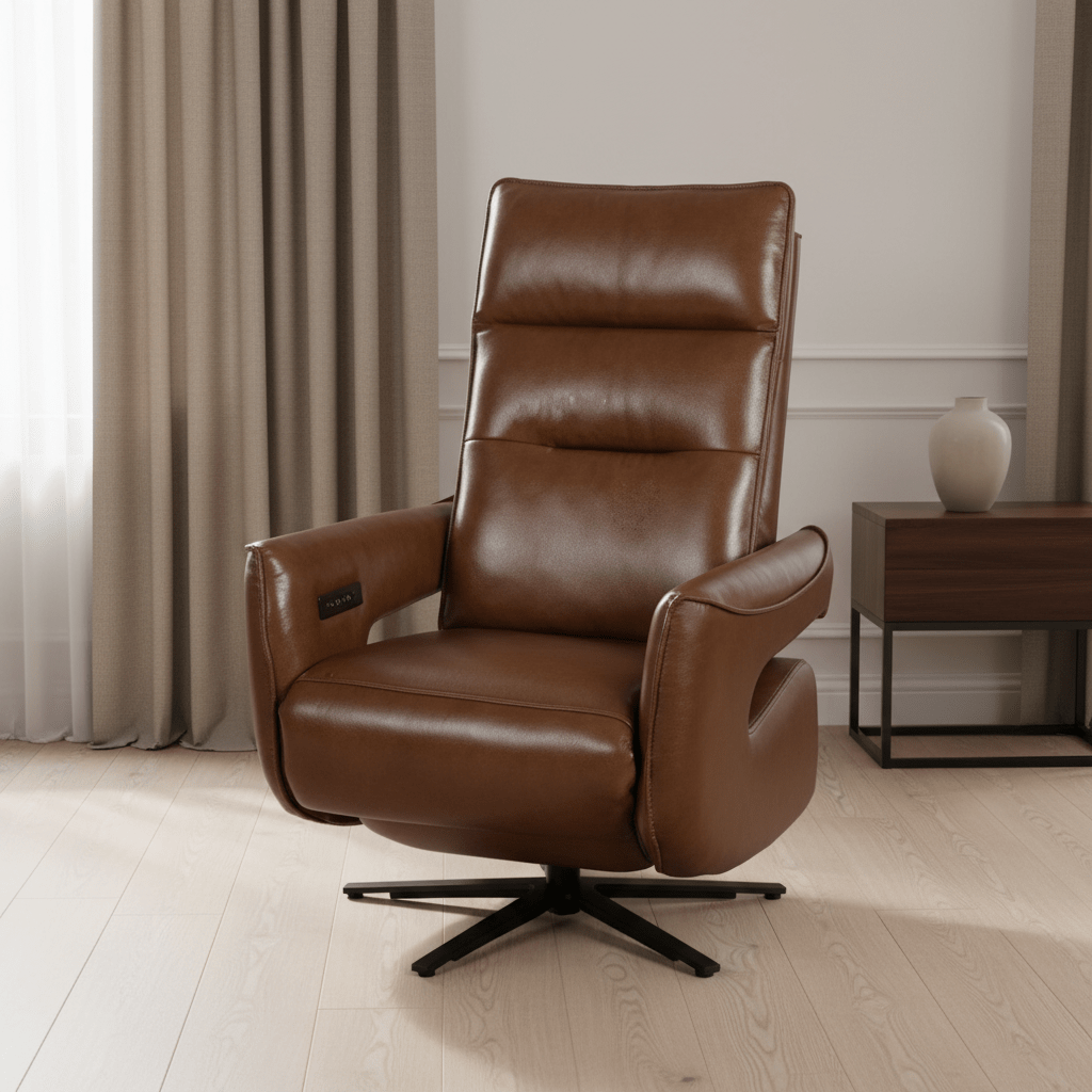 كرسي استرخاء دوّار كهربائي Roots Comfort من الجلد البني