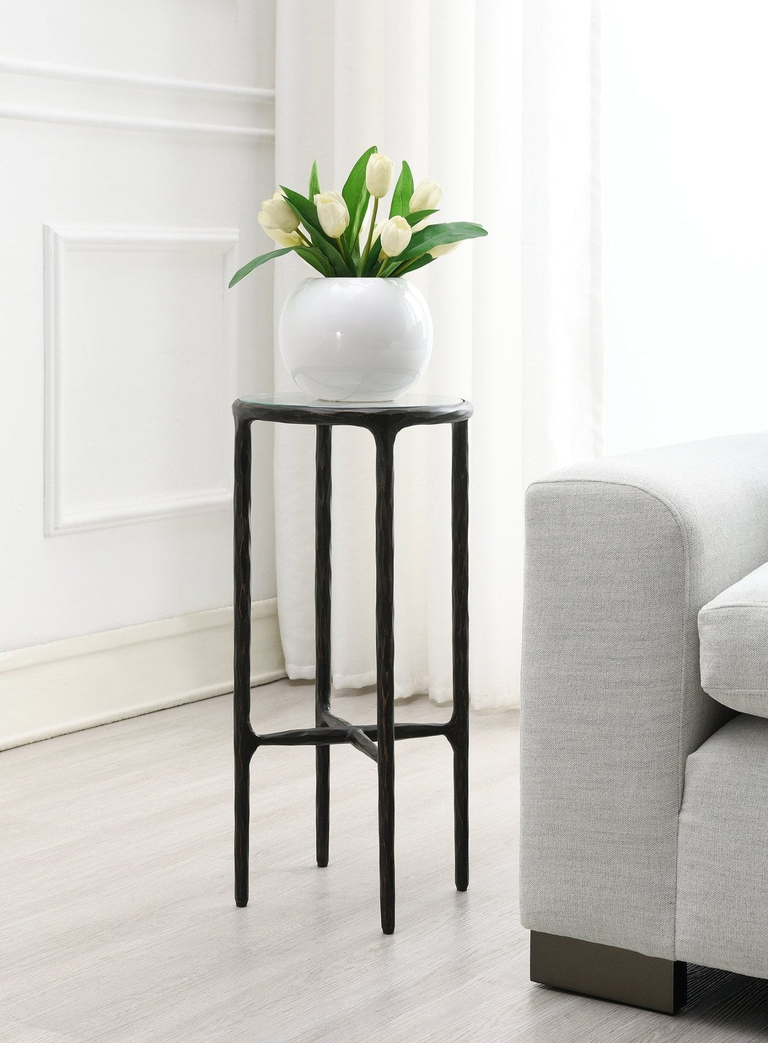 Round Silver Accent  Table with Marble Top