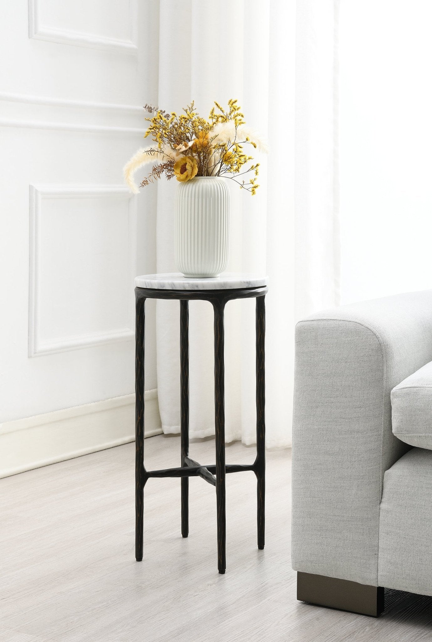 Round Silver Accent  Table with Marble Top