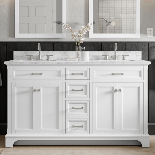 Roveland 60-in White Undermount Bathroom Vanity with Natural Carrara Marble Top