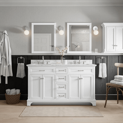 Roveland 60-in White Undermount Bathroom Vanity with Natural Carrara Marble Top
