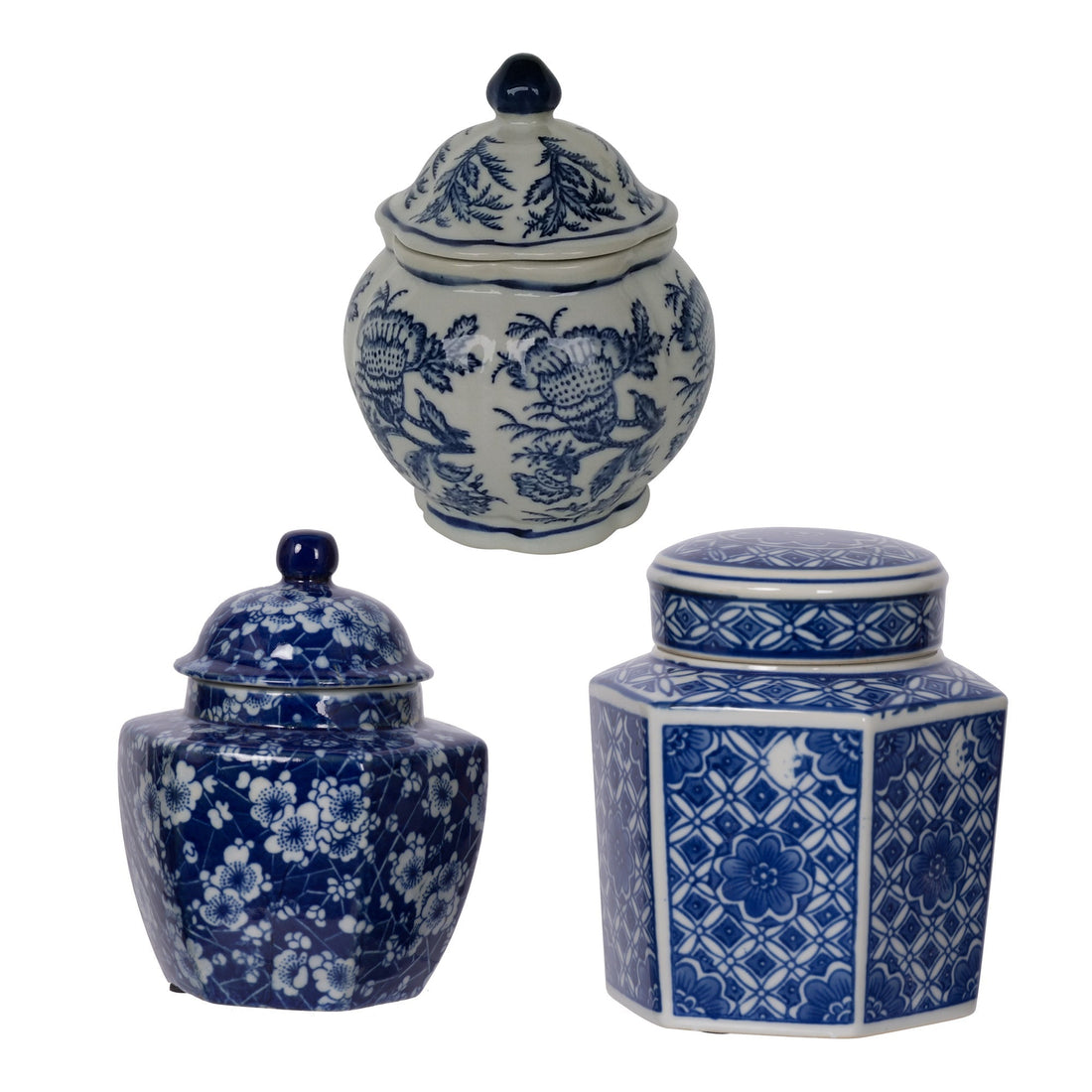 S/3 Leith Blue-And-White Decorative Jars A:D4.5X6" B:5X4.5X6" C:5X5X6.5"