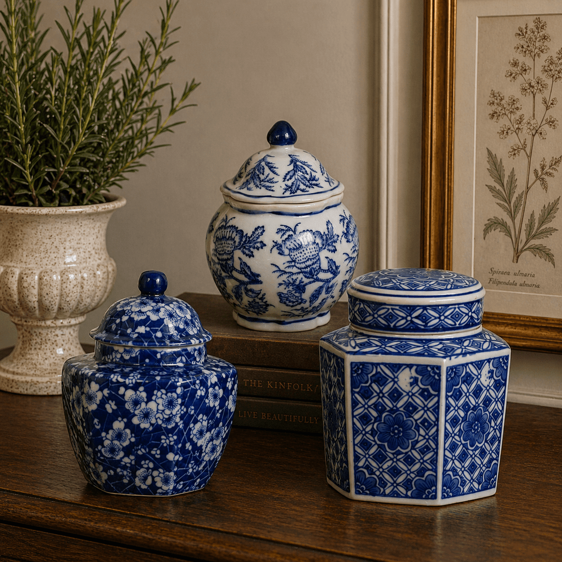 S/3 Leith Blue-And-White Decorative Jars A:D4.5X6" B:5X4.5X6" C:5X5X6.5"