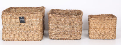 SEAGRASS SQUARE BASKET WITH SELF HANDLE - SET OF 3