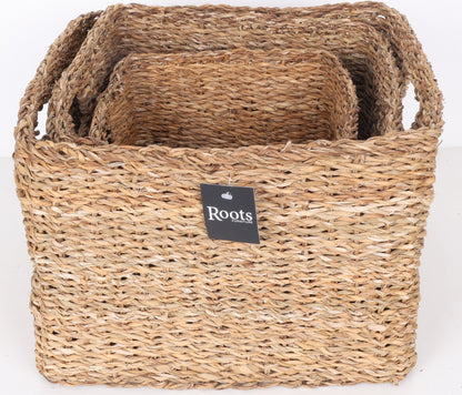 SEAGRASS SQUARE BASKET WITH SELF HANDLE - SET OF 3