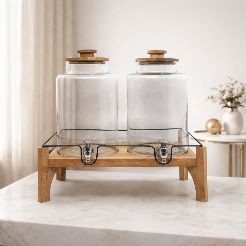Set of 2 Glass Dispenser with Wooden stand .