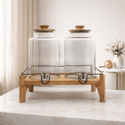 Set of 2 Glass Dispenser with Wooden stand .