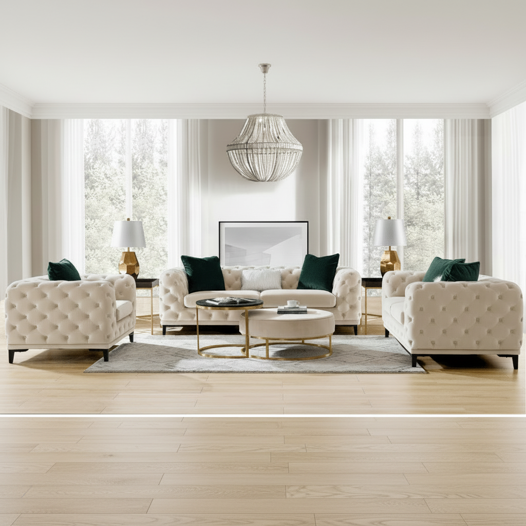 Statement Tuft Off-White Living Room Set