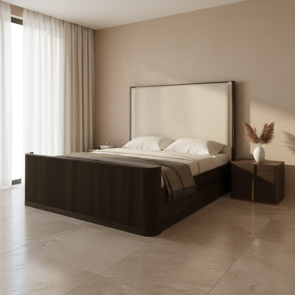 Sylvie King UPH Bed with White Fabric in Dark Brown
