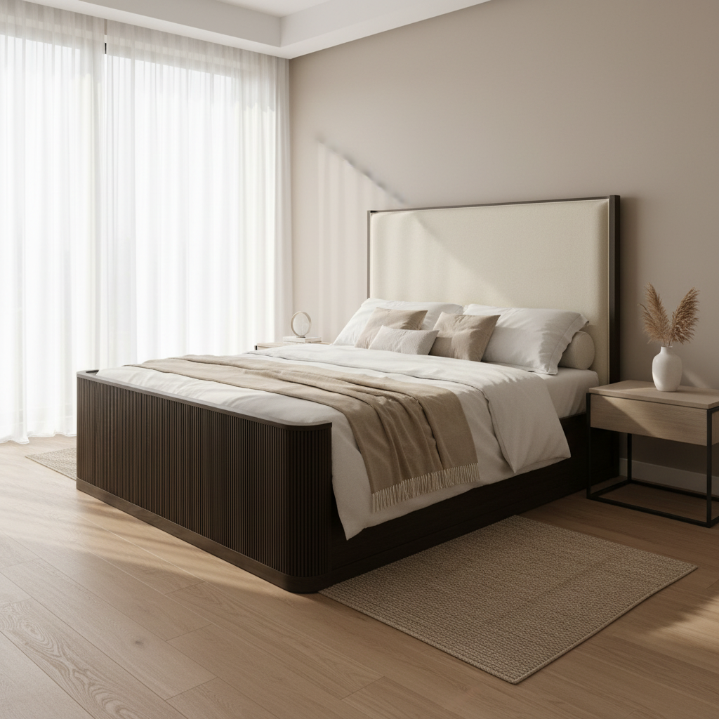 Sylvie Queen UPH Bed with White Fabric in Dark Brown