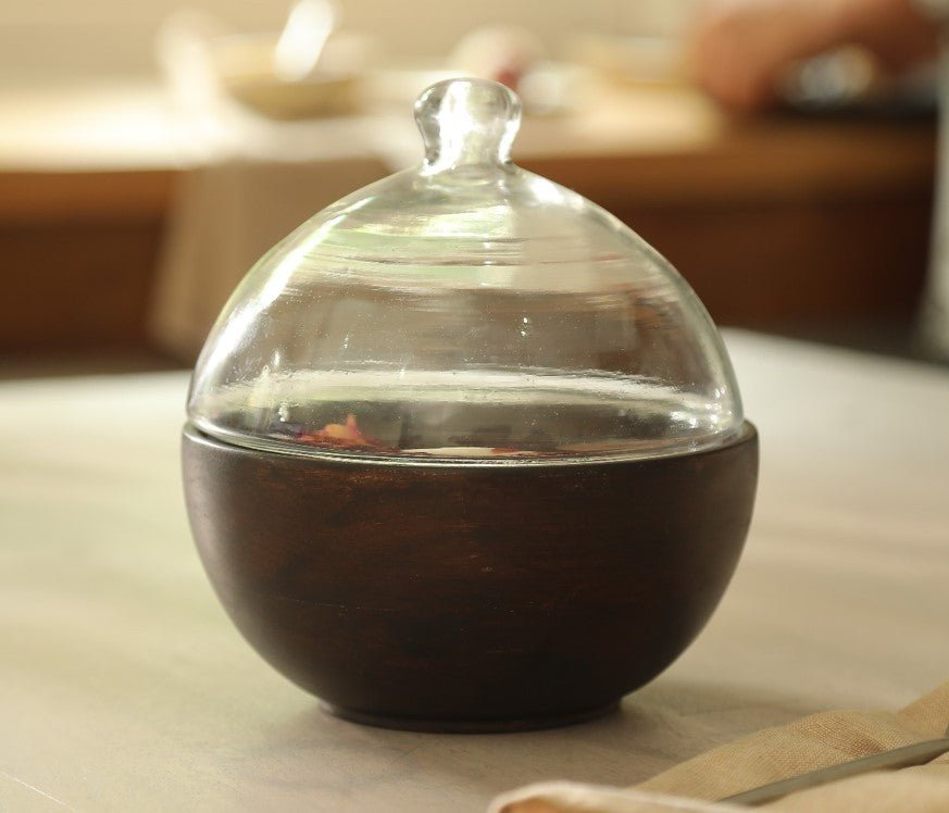 Tashi Glass Cloche With Wooden Bowl
