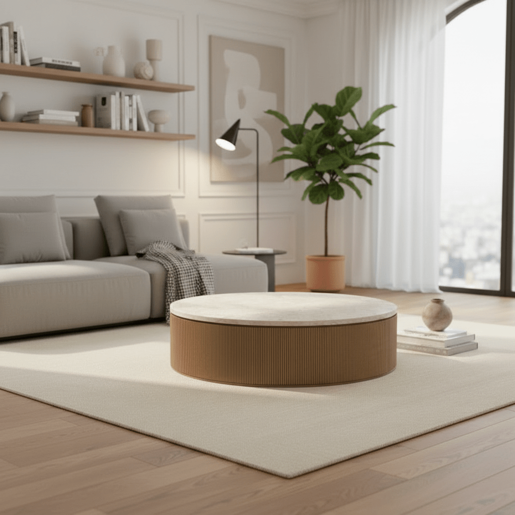 Carrara Top Brown Oak Finish Round Coffee Table