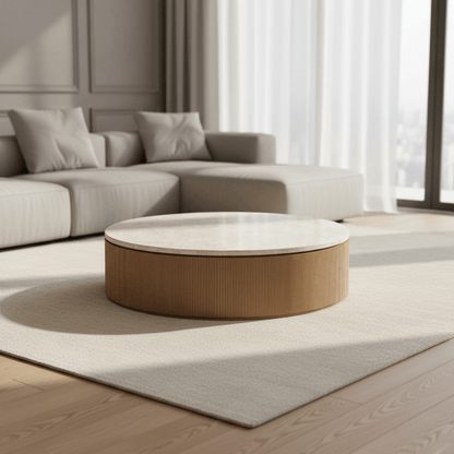 Travertine Top Natural Oak Round Coffee Table