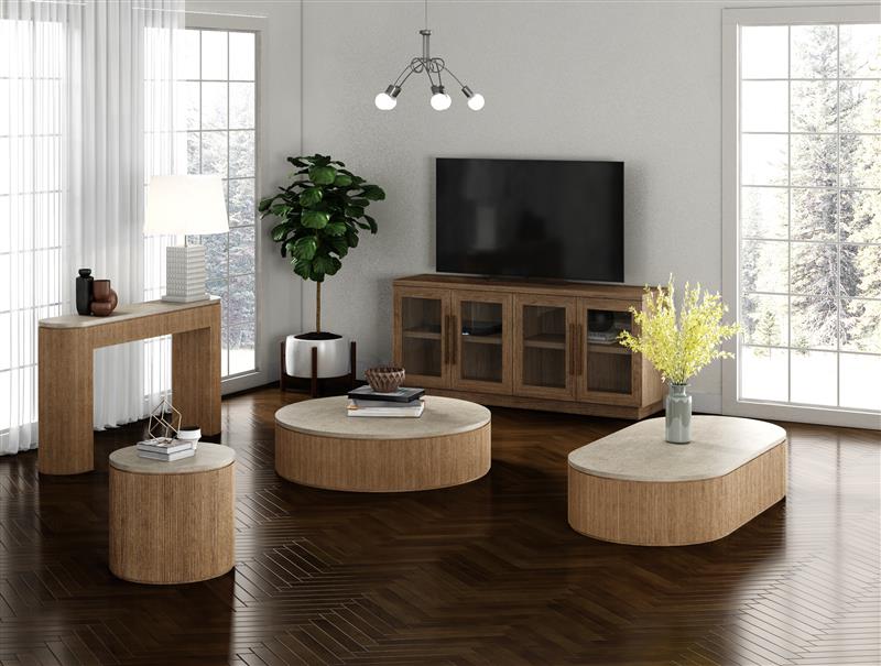 Travertine Top Natural Oak Round Coffee Table