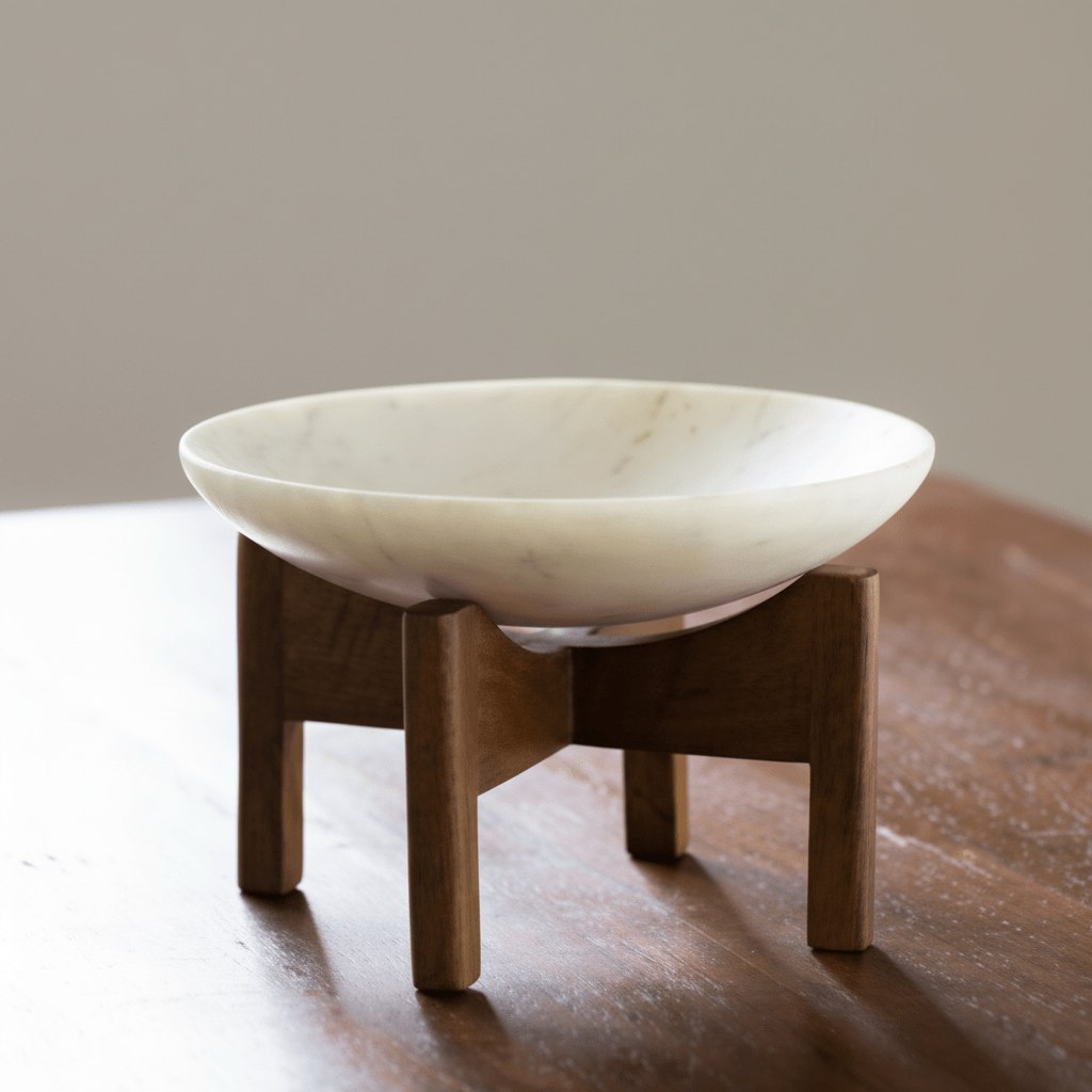 White Marble Bowl With Wooden Stand