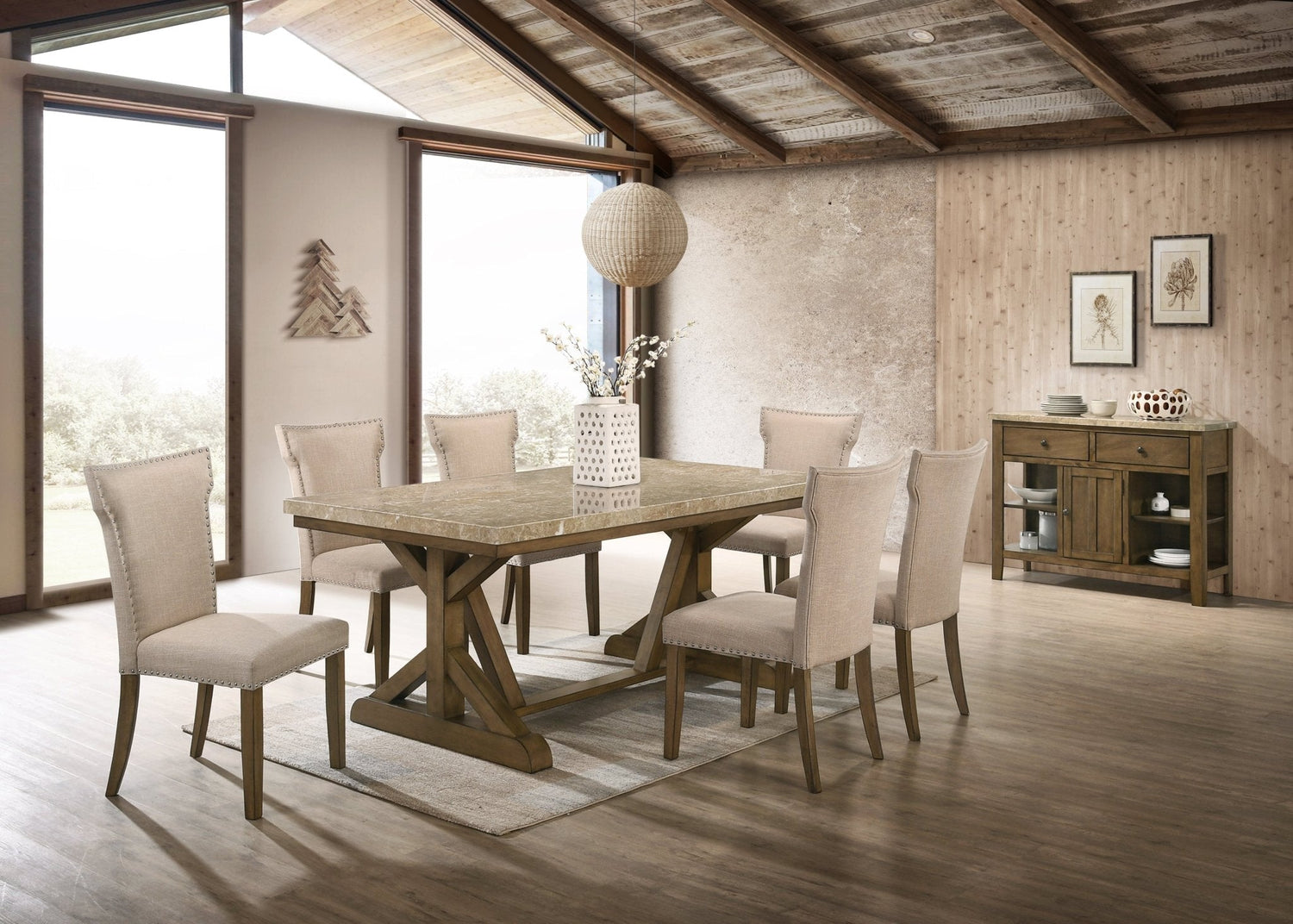 Xavier Marble Top Brown 6 Seater Dining Set
